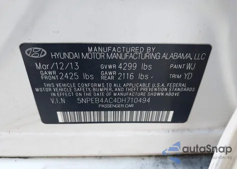 2013 Hyundai Sonata Gls z USA, uszkodzony, nr VIN 5NPEB4AC4DH710494